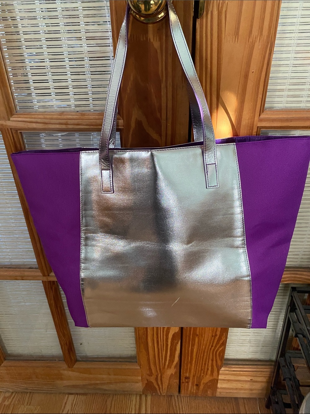 Clinique Silver Front Metallic Tote with Purple Panels - Picture 2 of 5